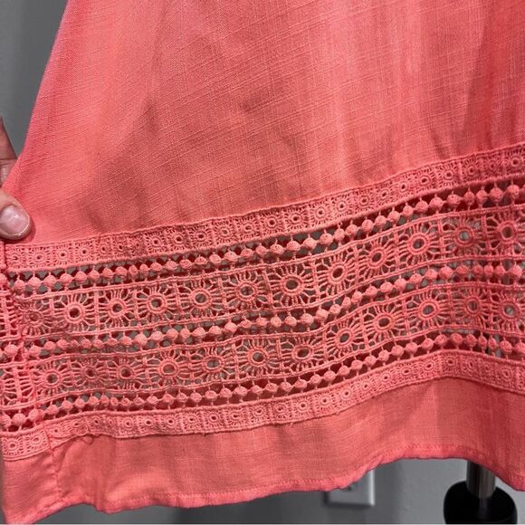 Coral color a-line cold Shoulder short sleeve mini dress with lace details - Picture 4 of 13